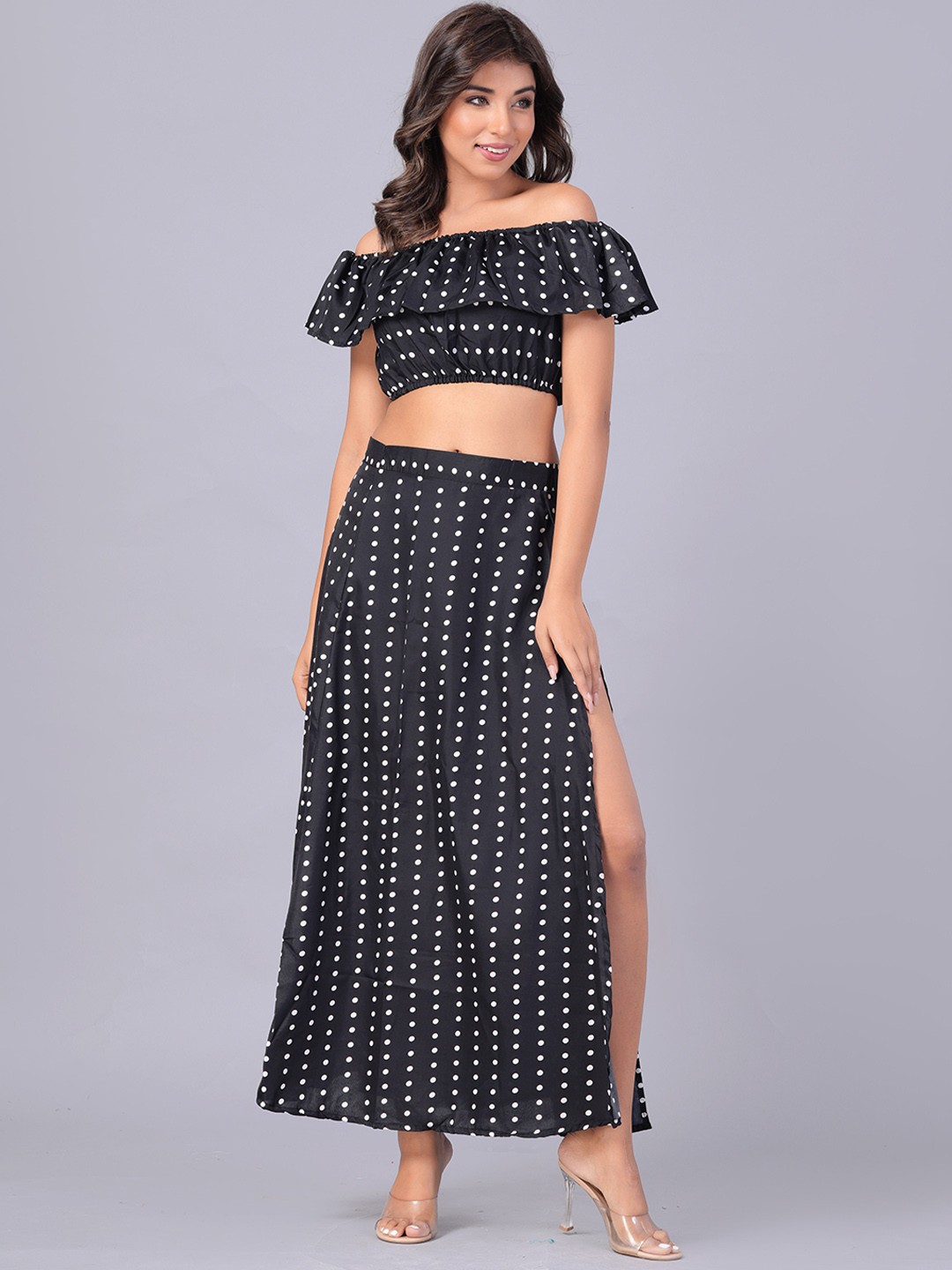 

KUROCK Printed Off Shoulder Top With Skirt, Black