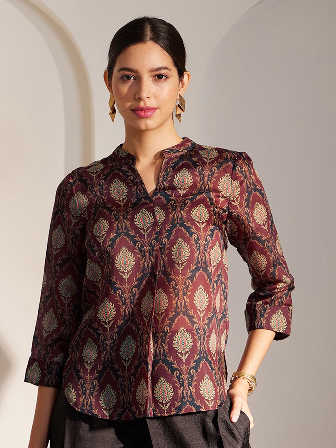 

Pink Fort Ethnic Motifs Printed Mandarin Collar Cuffed Sleeves Top, Maroon