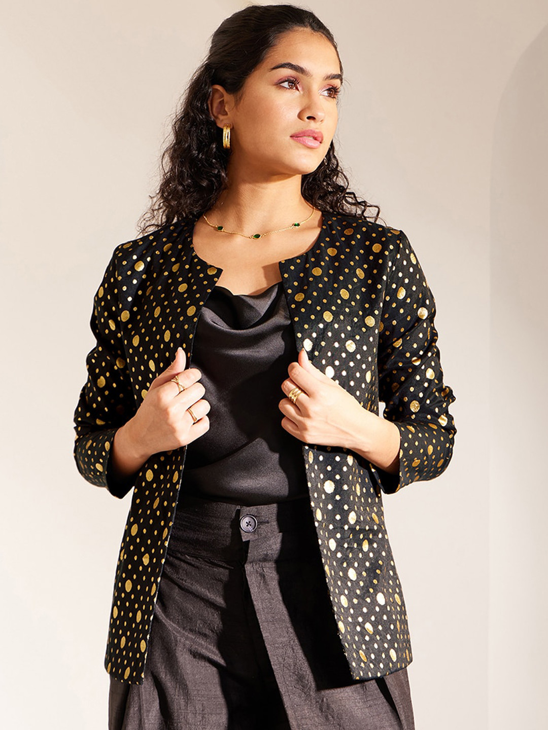 

Pink Fort Geometric Printed Longline Open Front Jacket, Black