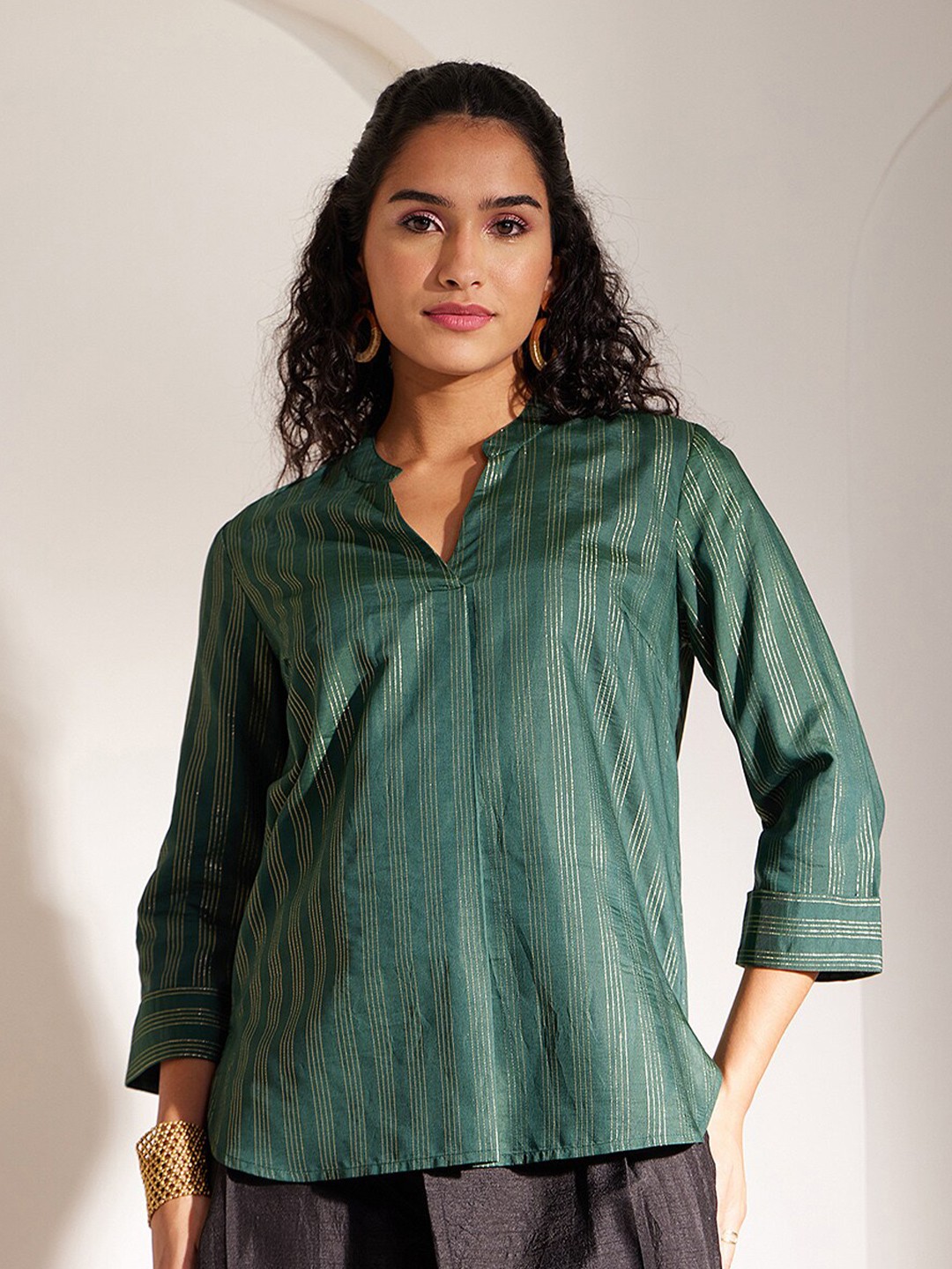 

Pink Fort Striped Regular Top, Green