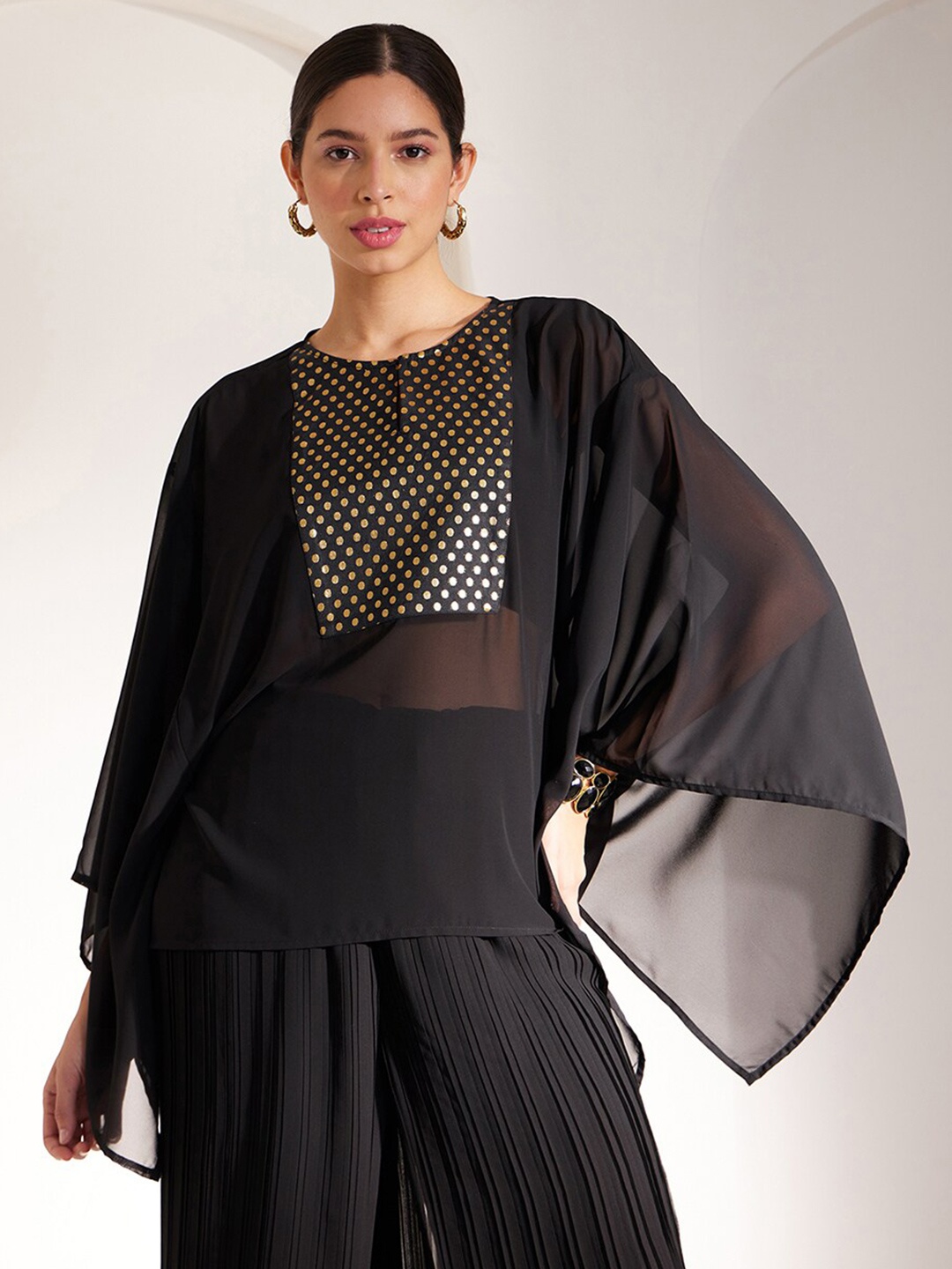 

Pink Fort Polka Dots Printed Georgette Kaftan Top, Black