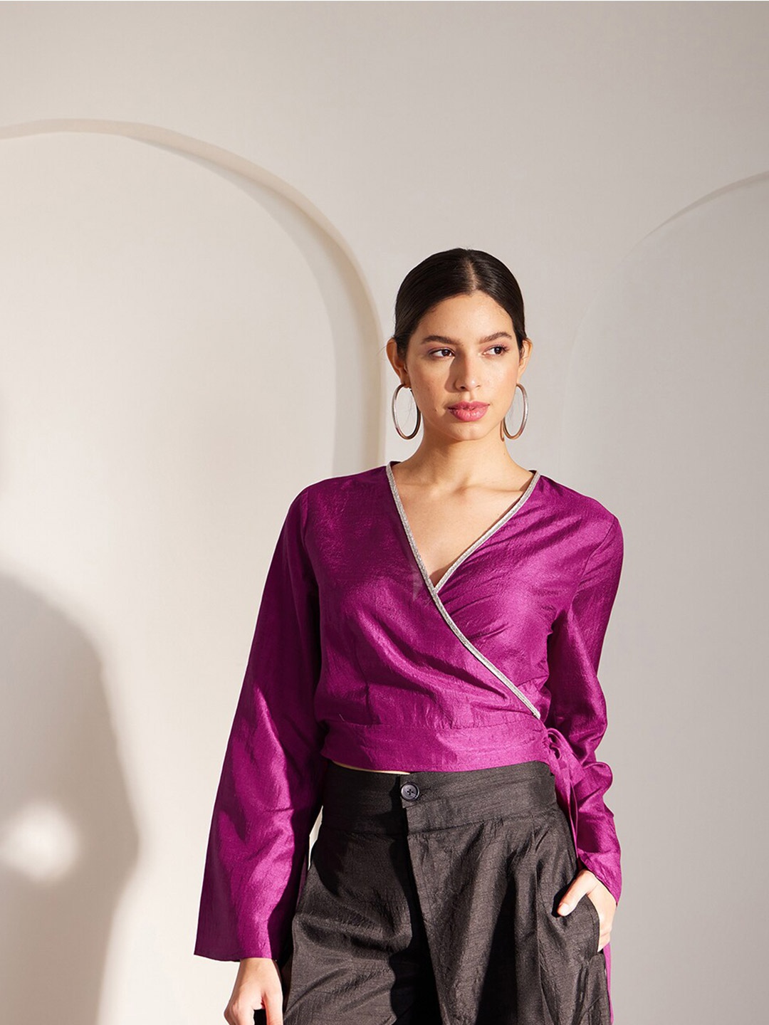 

Pink Fort Flared Sleeves Wrap Crop Top, Purple