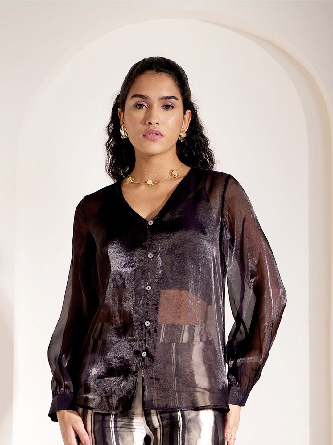 

Pink Fort V-Neck Semi Sheer Organza Shirt Style Top, Black