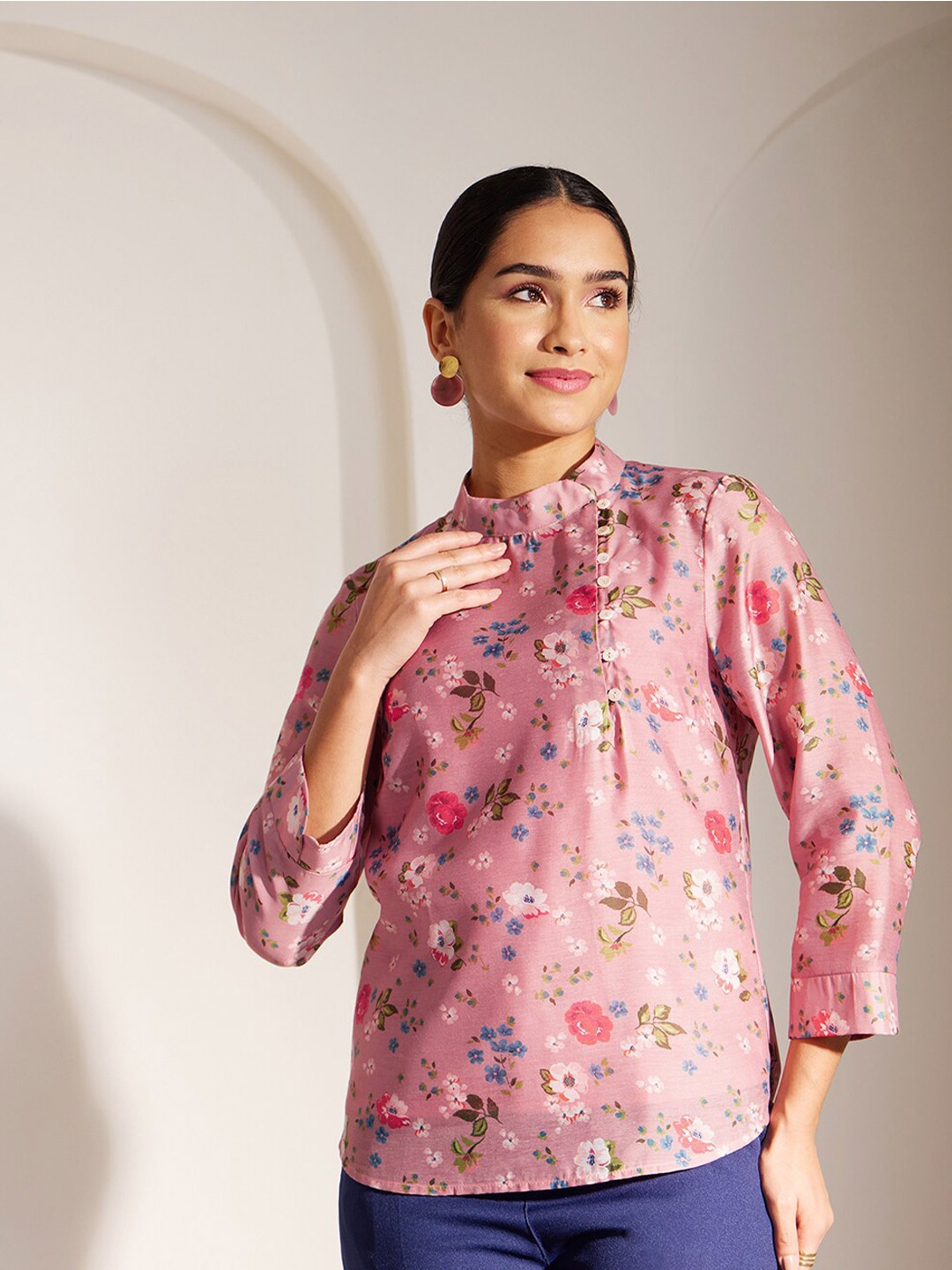 

Pink Fort Floral Printed Mandarin Collar Top