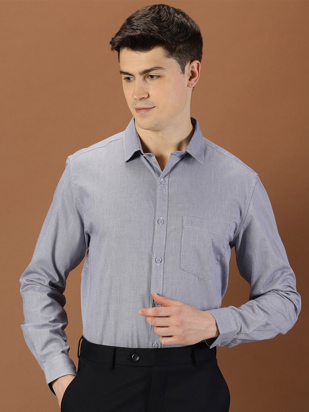 

INVICTUS Original Micro Checked Formal Pure Cotton Shirt, Blue