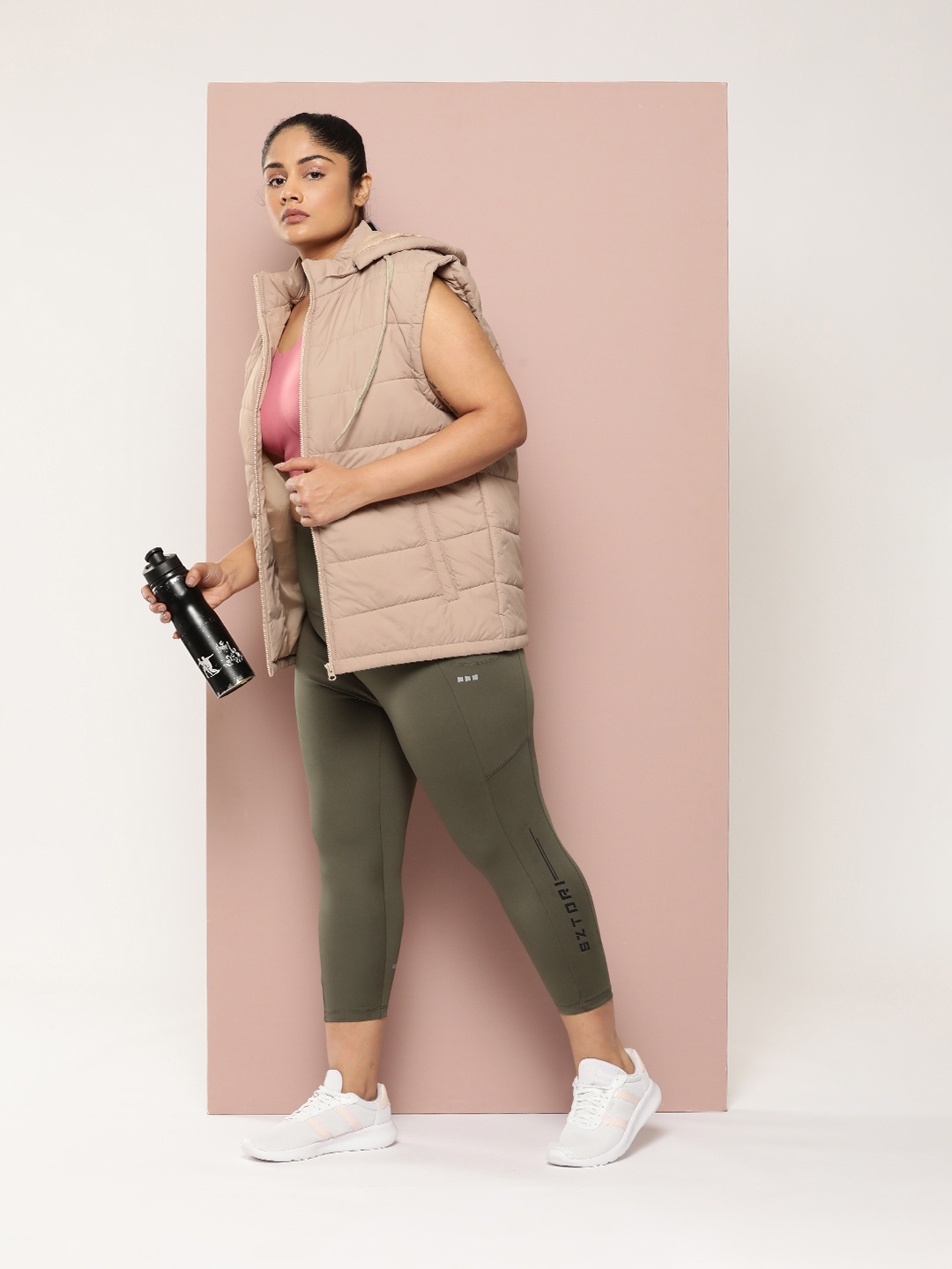 Sztori Women Plus Size Activewear 3/4th Length Tights with Reflective Detail, Olive