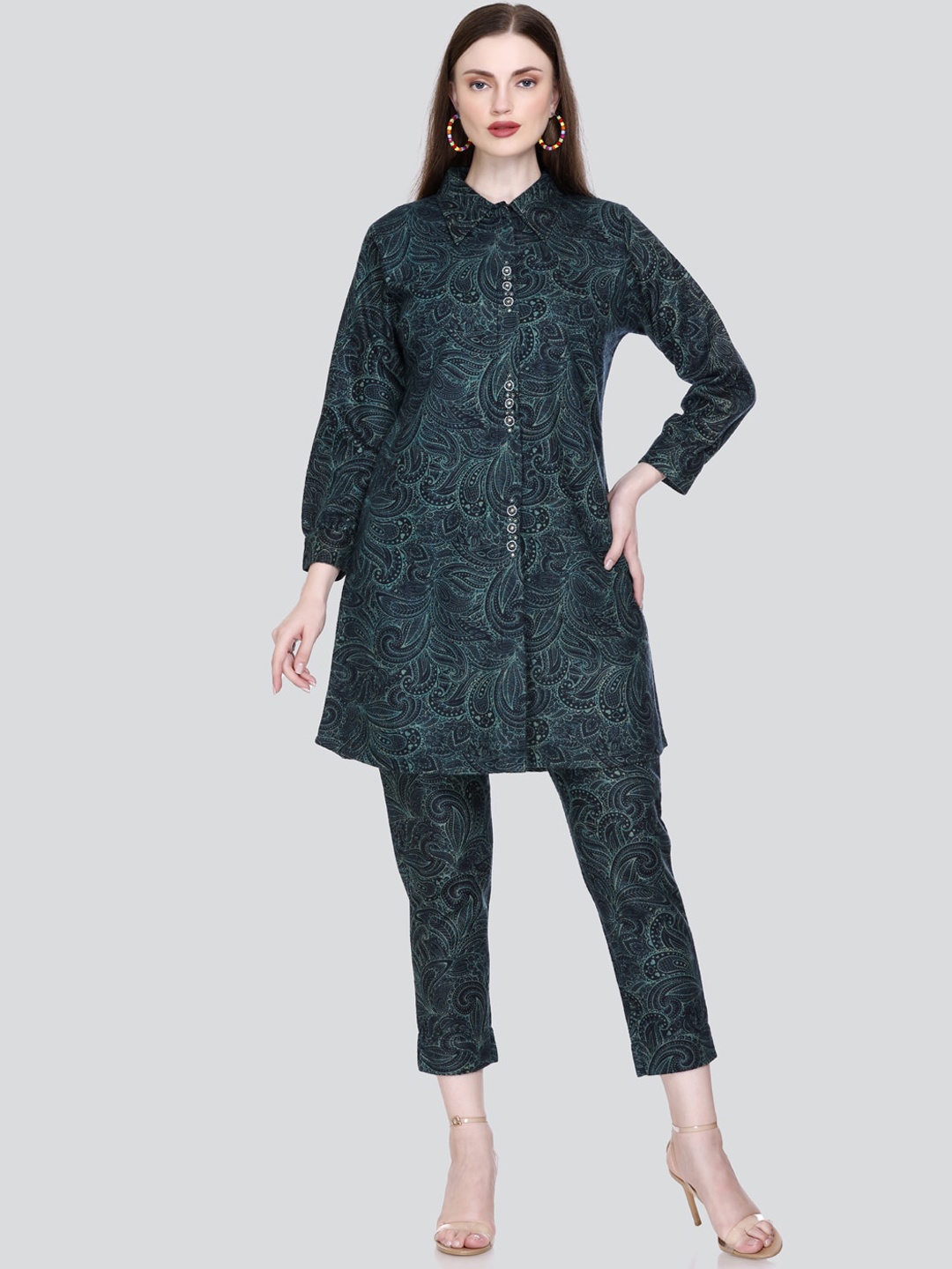 

Elthia Ethnic Motifs Printed Shirt Collar Cuffed Sleeve Acrylic A-Line Kurta With Trousers, Green