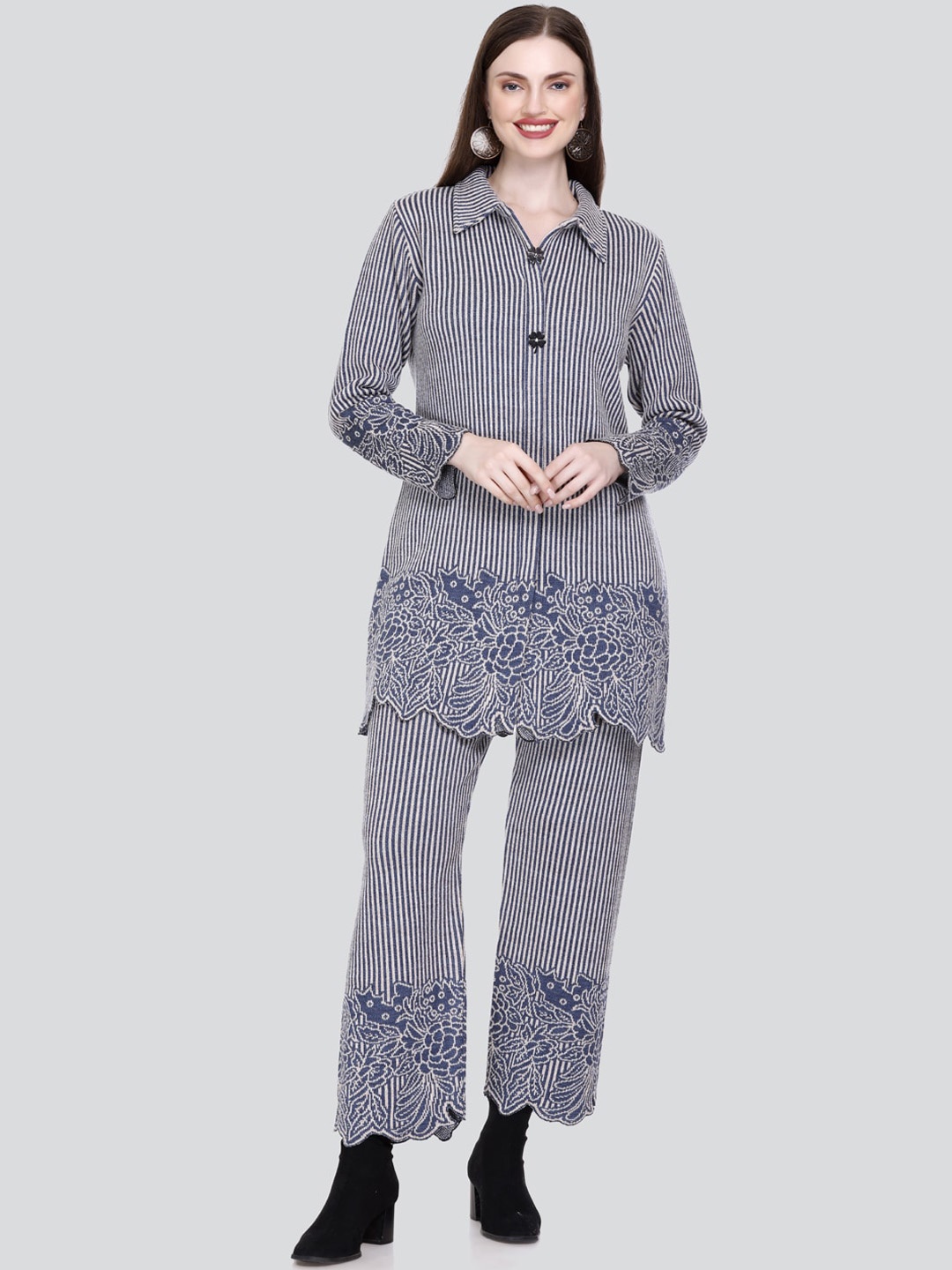 

Elthia Striped Shirt Collar Tunic With Trouser, Blue
