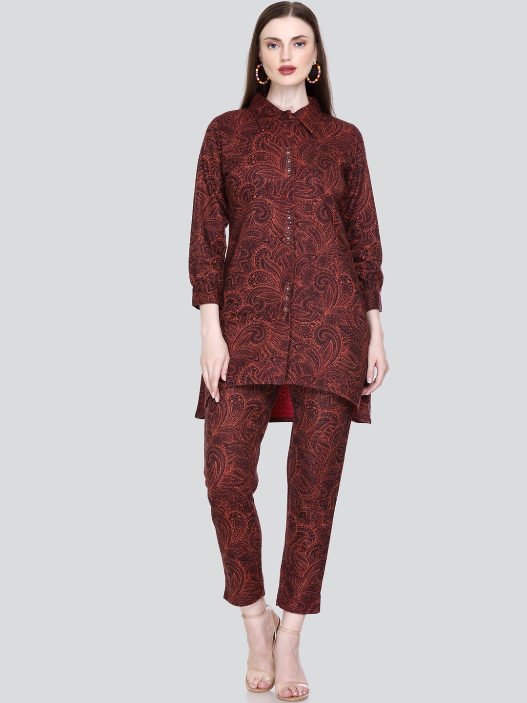 

Elthia Ethnic Motifs Printed Shirt Collar Cuffed Sleeve Acrylic A-Line Kurta With Trousers, Purple