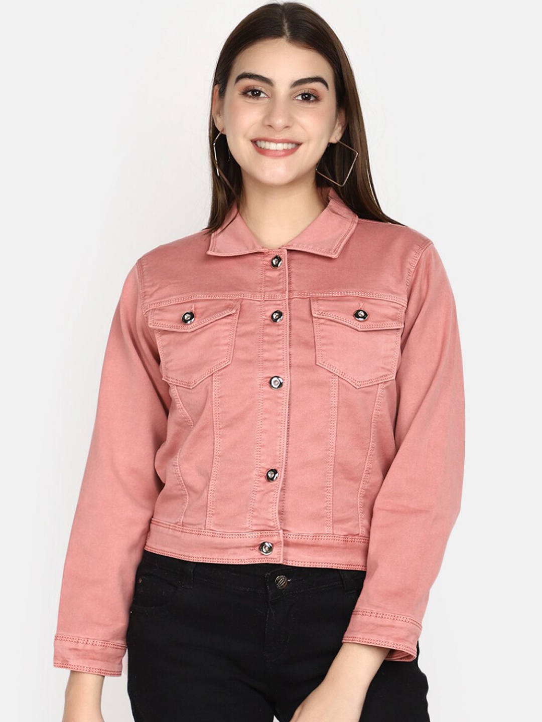 

V-Mart Spread Collar Long Sleeves Cotton Denim Jacket, Pink