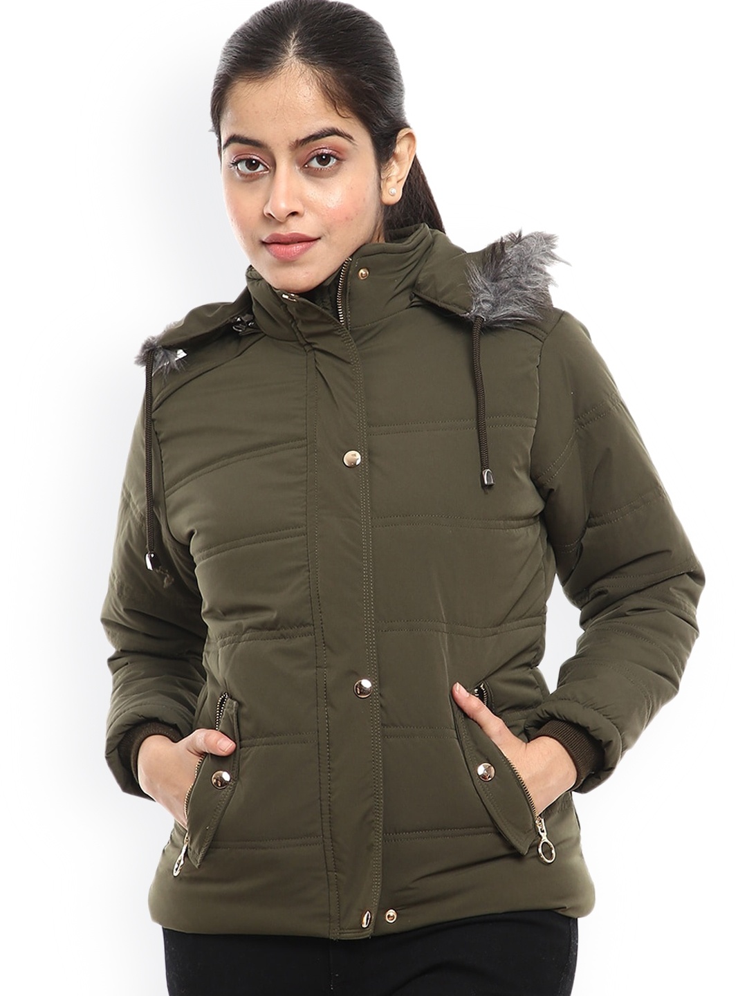 

V-Mart Hooded Long Sleeves Faux Fur Trim Cotton Padded Jacket, Blue