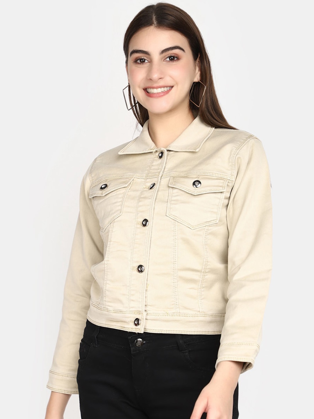 

V-Mart Spread Collar Cotton Denim Jacket, Beige