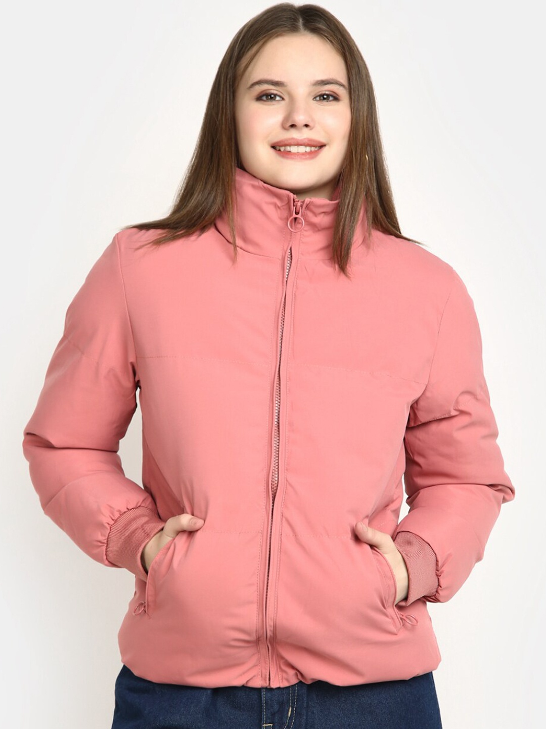 

V-Mart Mock Collar Cotton Puffer Jacket, Pink