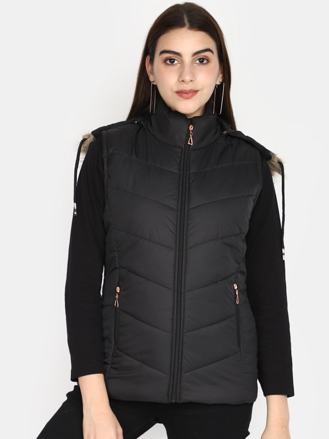 

V-Mart Hooded Faux Fur Trim Cotton Padded Jacket, Black