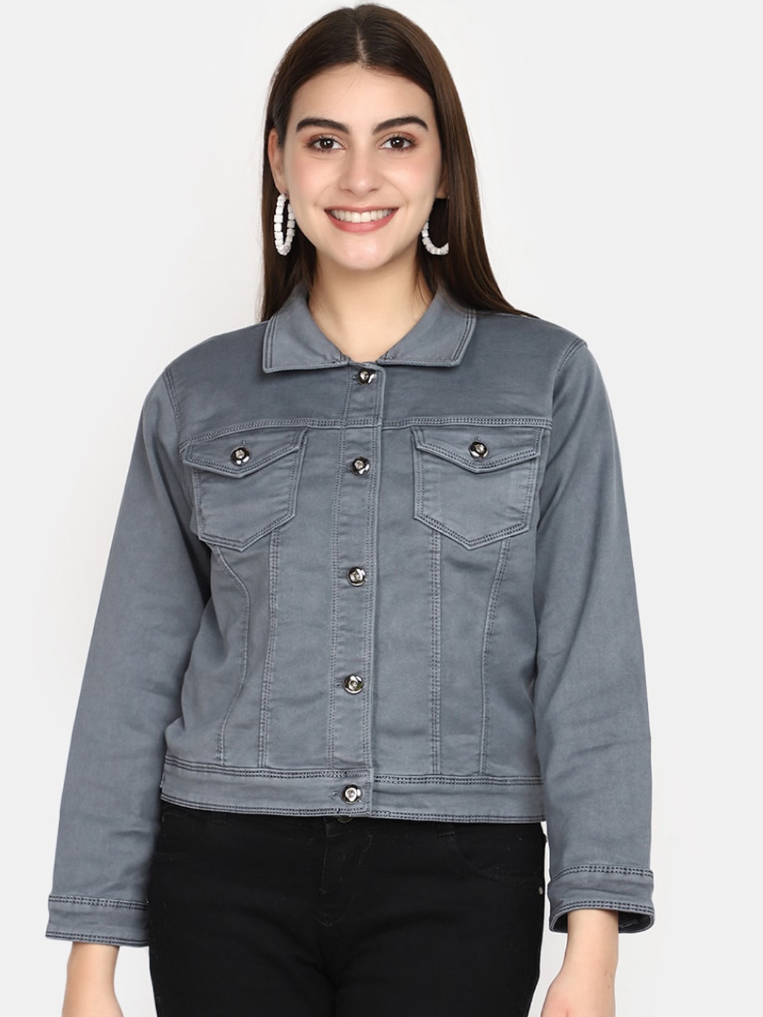 

V-Mart Spread Collar Cotton Denim Jacket, Grey