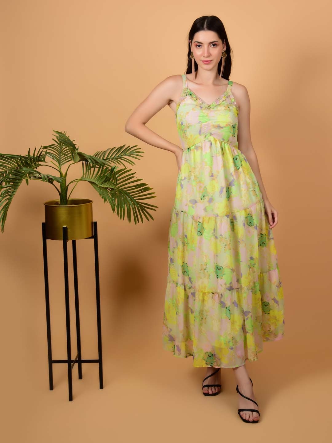 

FLAWLESS Lime Green Floral Printed Sleeveless Tiered Chiffon Maxi Dress