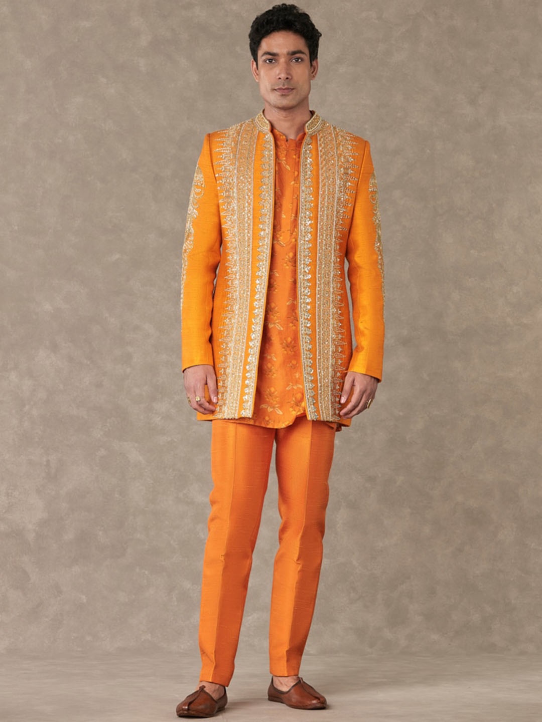 

Masaba Floral Printed Kurta & Trousers With Jacket, Rust