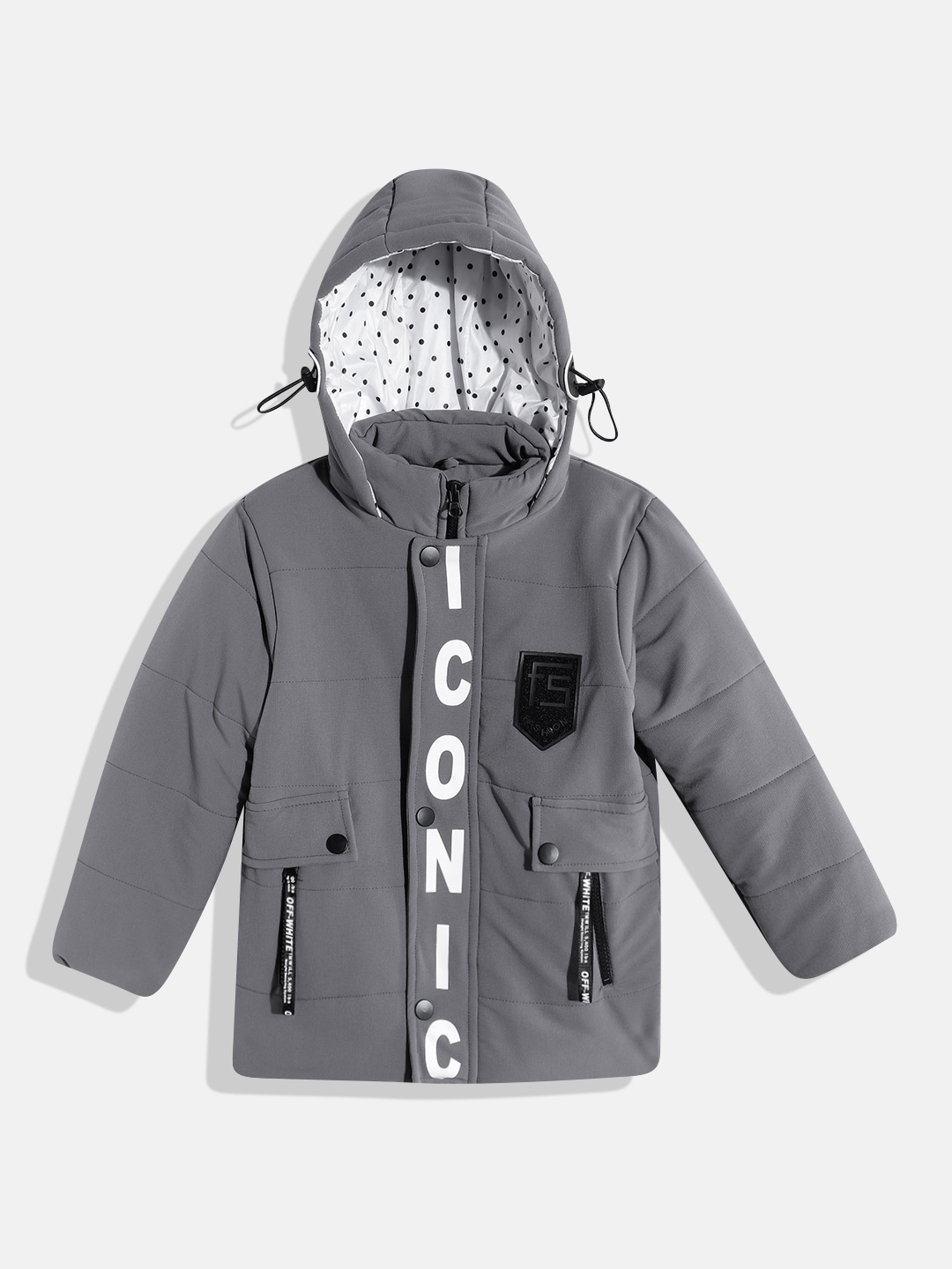 

GOJI Boys Typography Printed Hooded Puffer Jacket, Grey