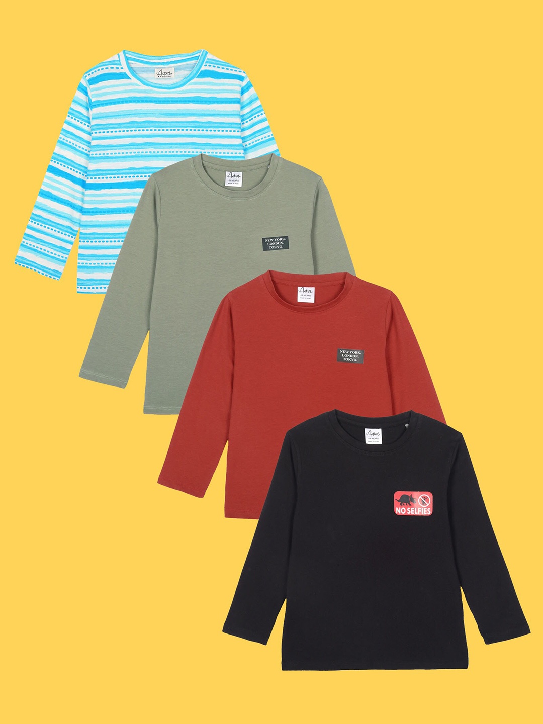 

Anthrilo Boys Pack Of 4 Round Neck Pure Cotton T-shirt, Black