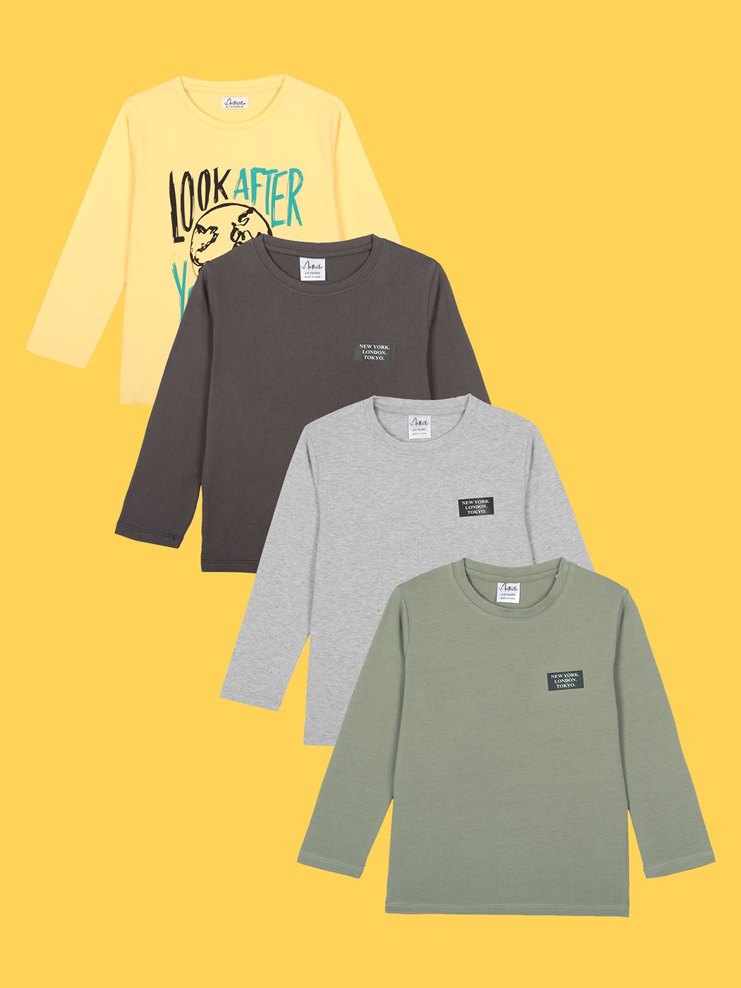 Anthrilo Boys Pack Of 4 Round Neck Cotton T-shirts, Yellow
