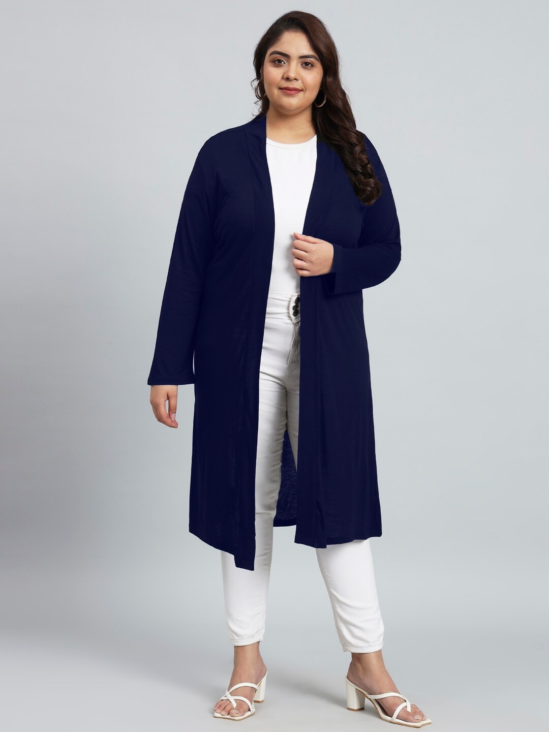 

urSense Plus Size Longline Pure Cotton Open Front Shrug, Blue