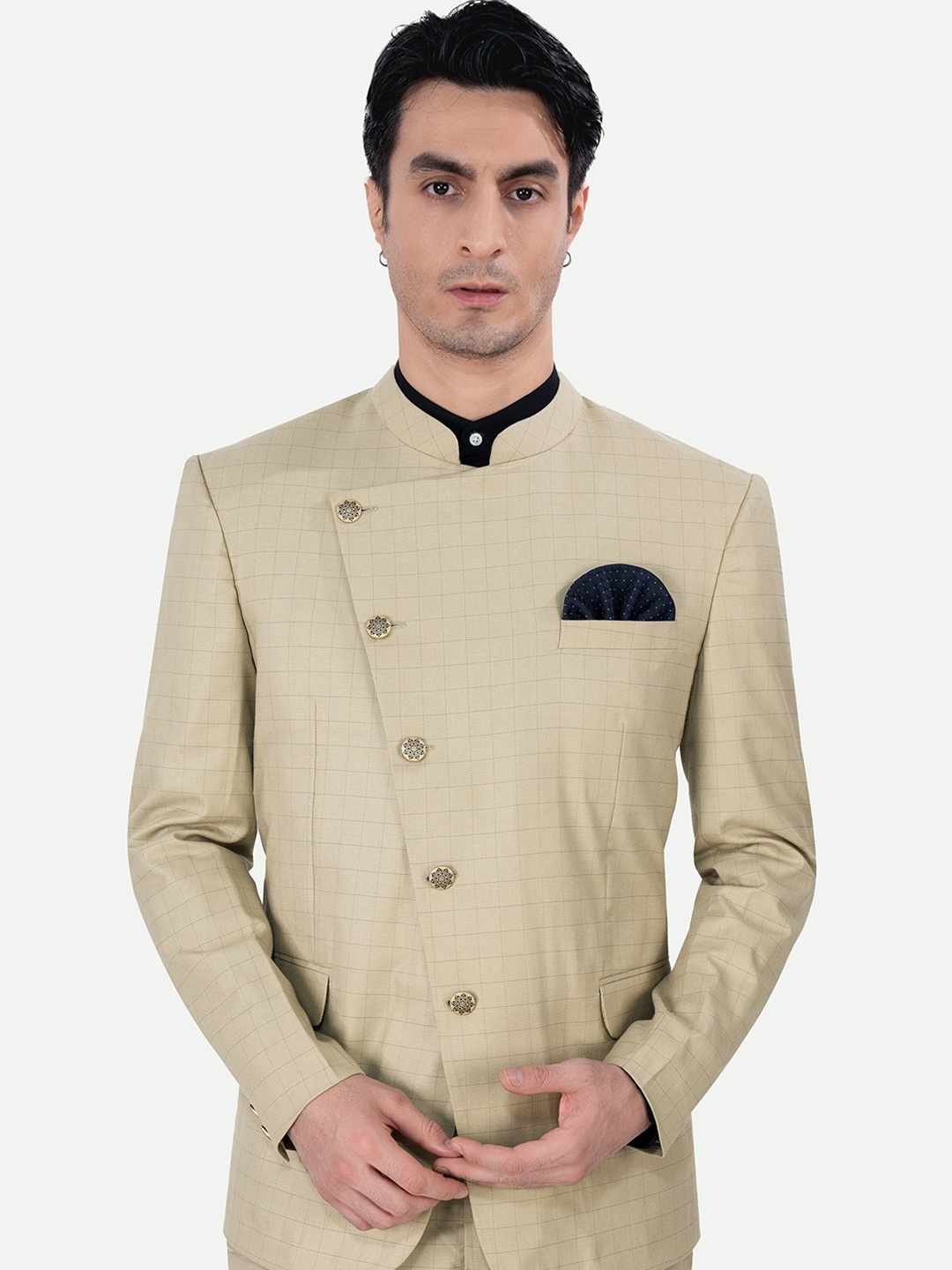 

FRENCH CROWN Checked Mandarin Collar Long Sleeves Bandhgala Blazer, Brown