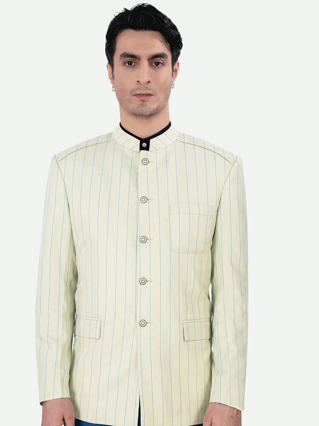 

FRENCH CROWN Striped Mandarin Collar Long Sleeves Bandhgala Blazer, Beige