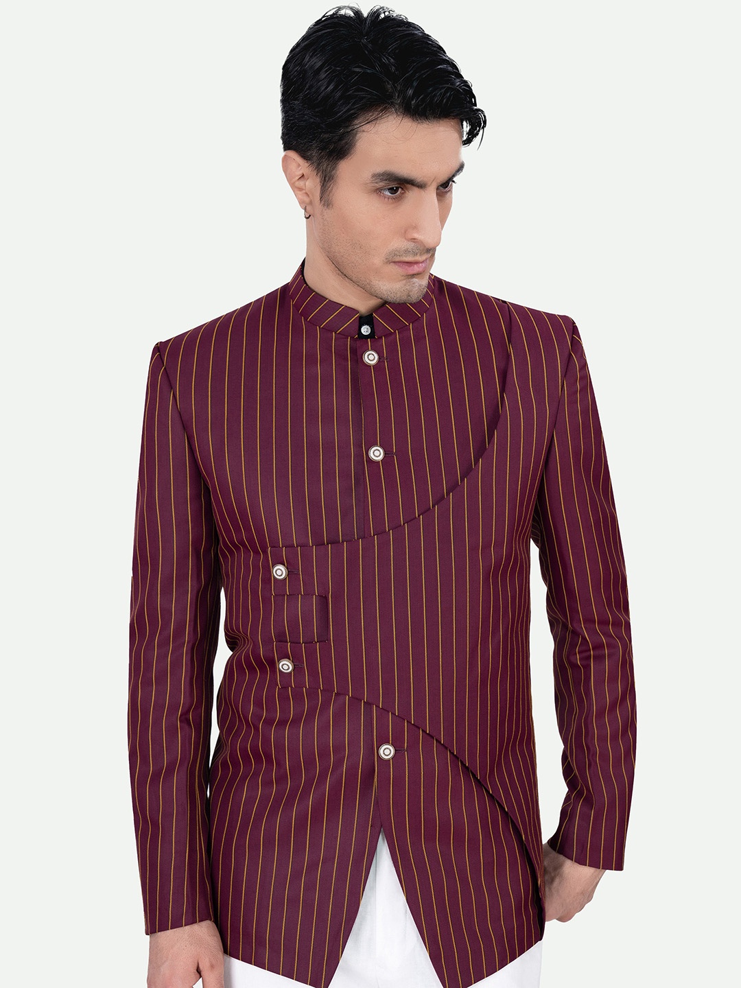

FRENCH CROWN Striped Mandarin Collar Bandhgala Blazer, Maroon