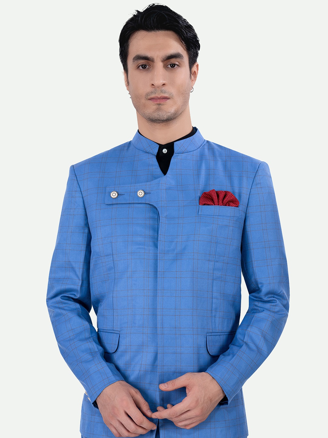 

FRENCH CROWN Checked Mandarin Collar Bandhgala Blazer, Blue