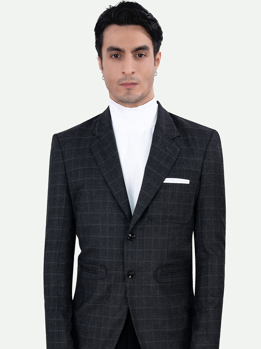 

FRENCH CROWN Checked Notched Lapel Collar Single Breasted Formal Blazer, Grey