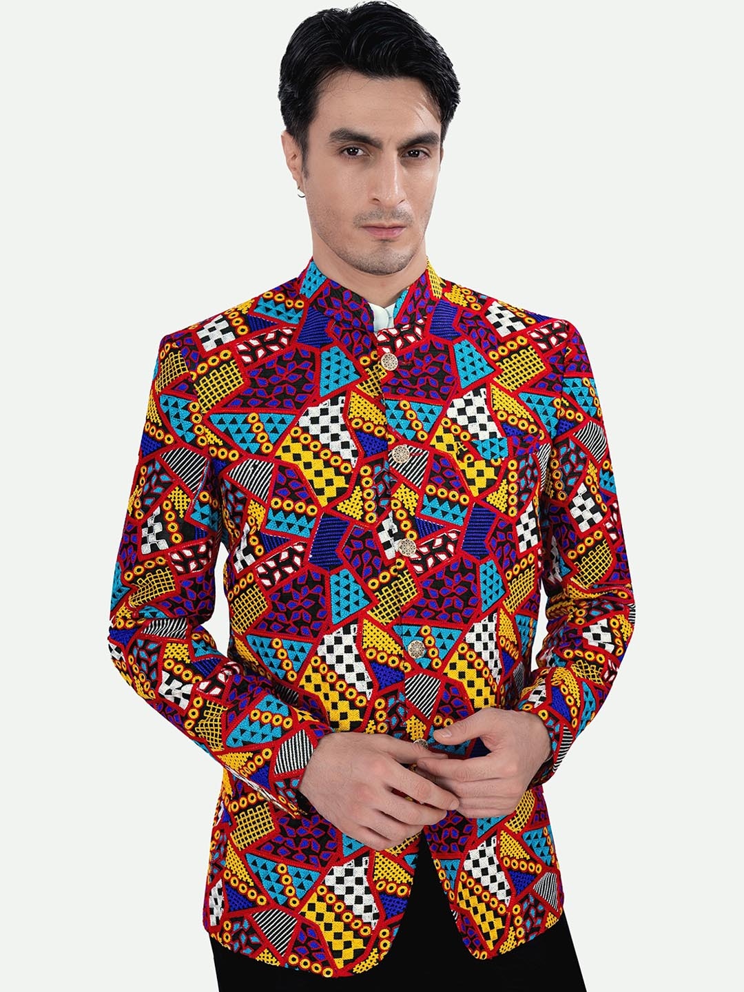 

FRENCH CROWN Embroidered Mandarin Collar Cotton Bandhgala Blazer, Red