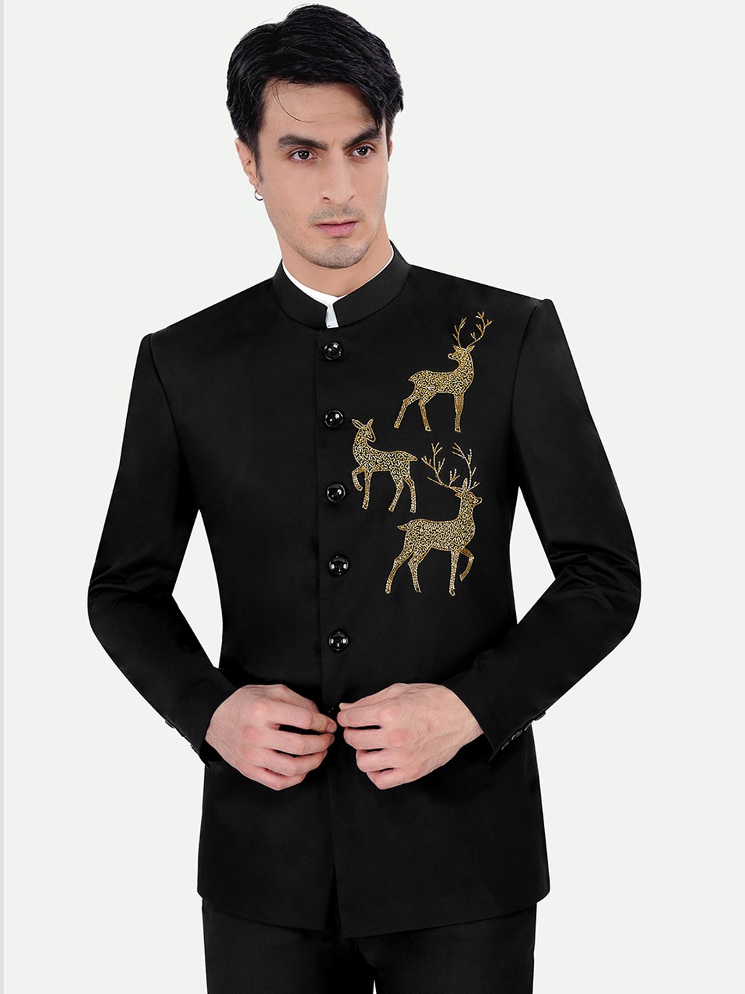 

FRENCH CROWN Embroidered Bandhgala Designer Blazer, Black