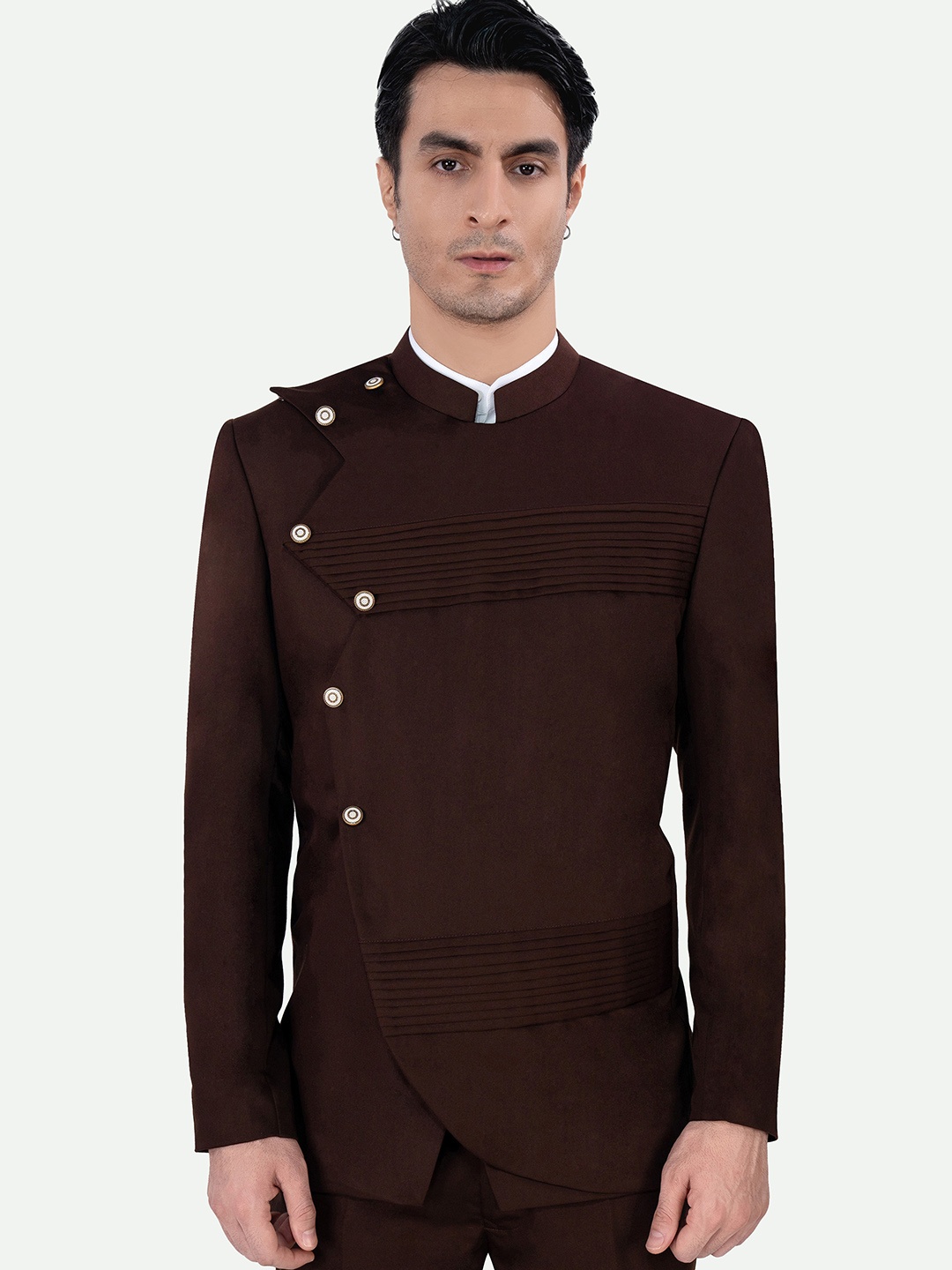 

FRENCH CROWN Mandarin Collar Pure Cotton Bandhgala Blazer, Brown