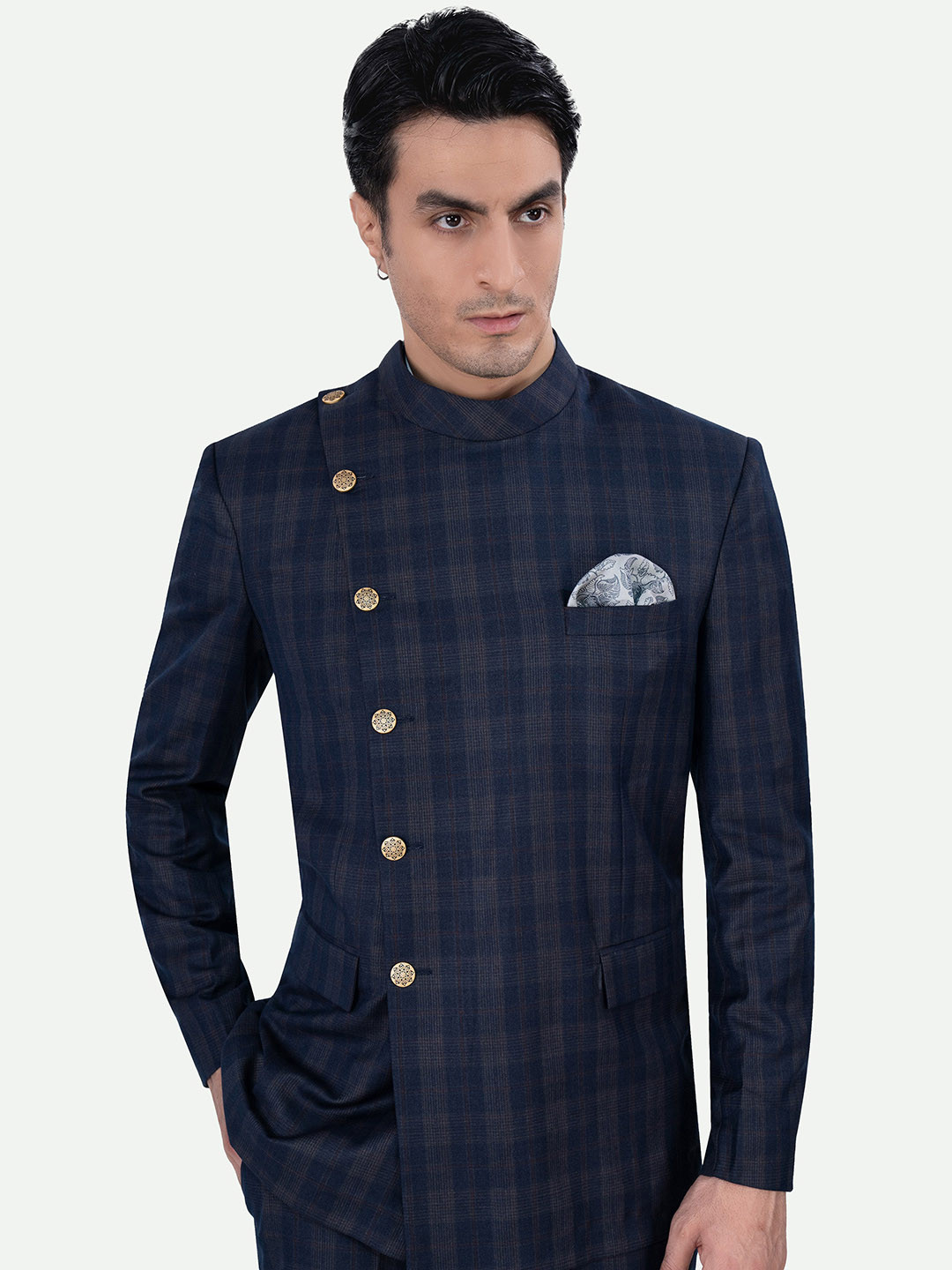 

FRENCH CROWN Checked Mandarin Collar Long Sleeves Bandhgala Blazer, Blue