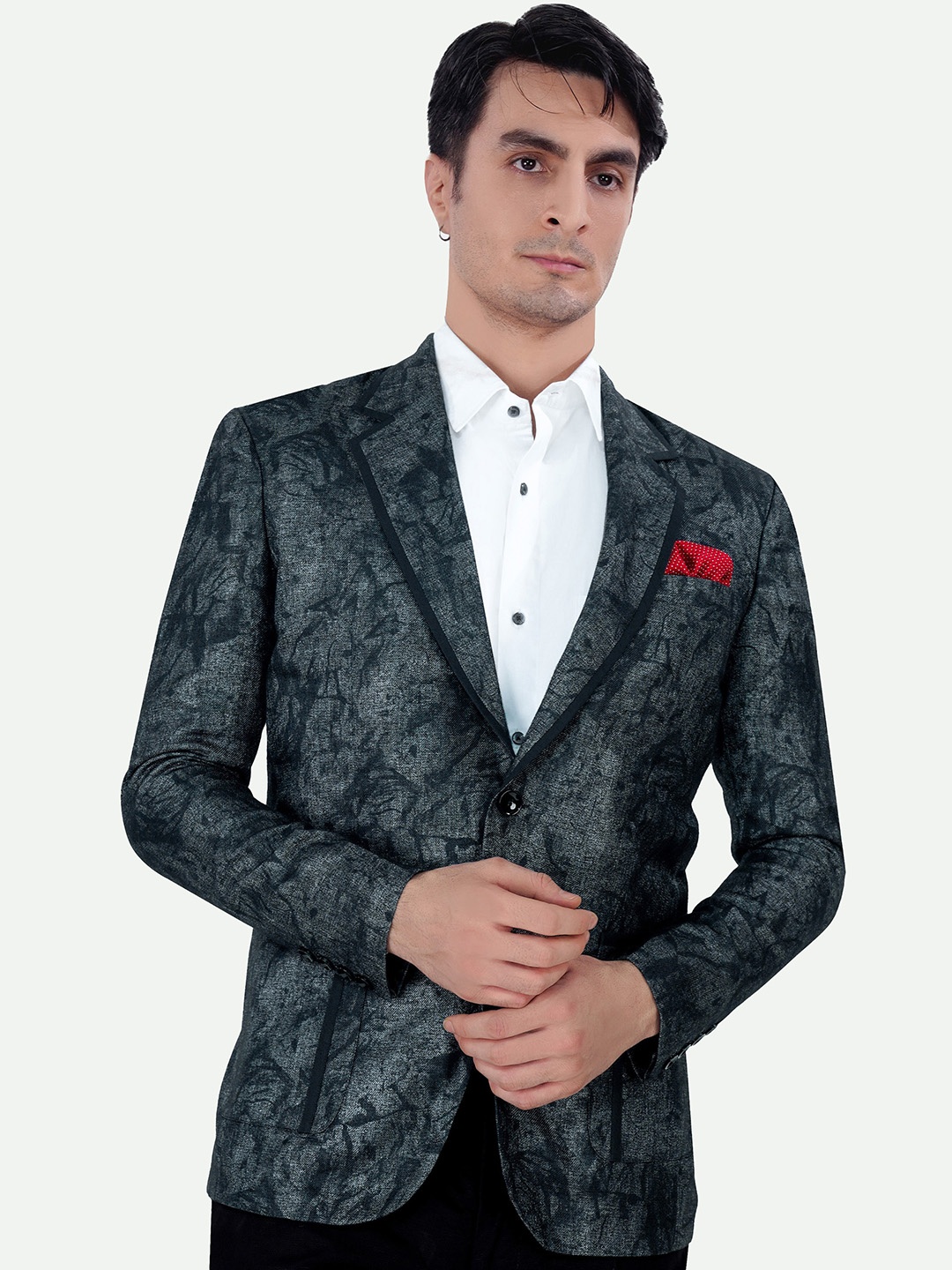 

FRENCH CROWN Printed Peaked Lapel Long Sleeves Single-Breasted Blazers, Black