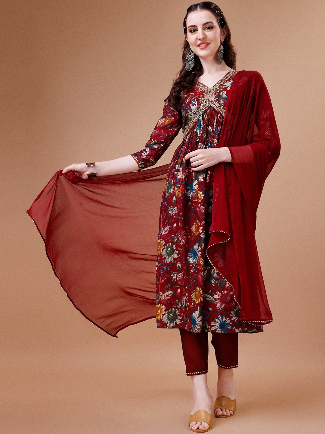 

KALINI Floral Printed Empire Anarkali Kurta & Trousers With Dupatta, Maroon