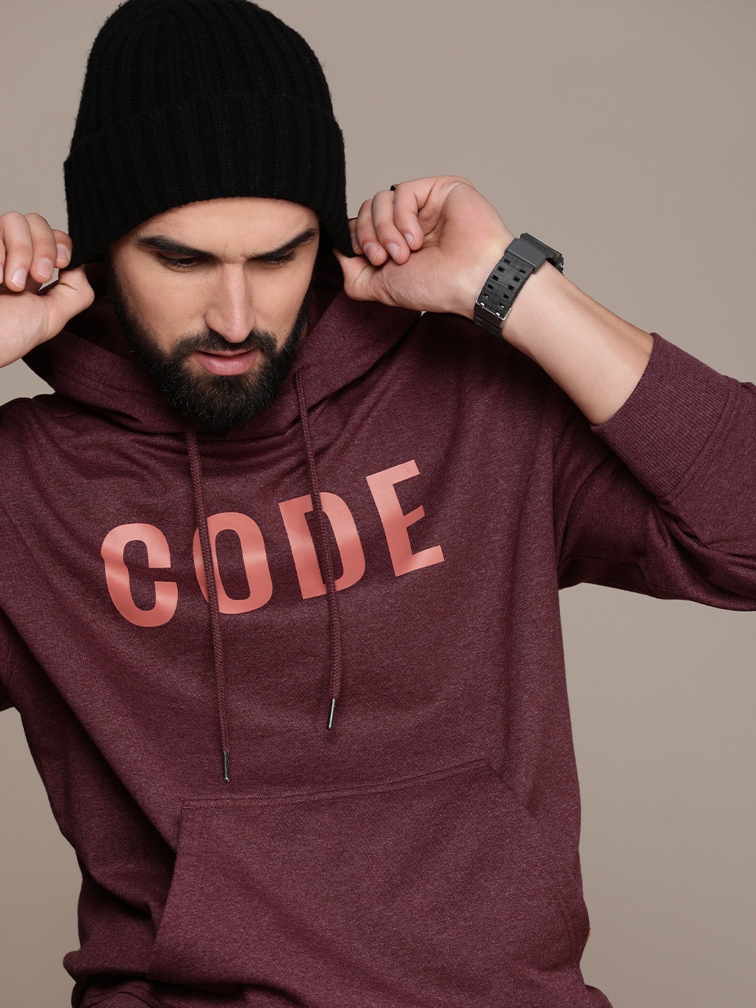 

Roadster Men Typography Printed Hooded Sweatshirt, Maroon