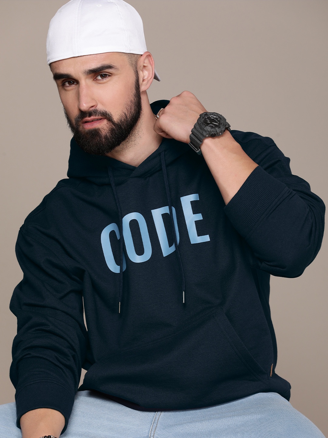

Roadster Men Typography Printed Hooded Sweatshirt, Navy blue