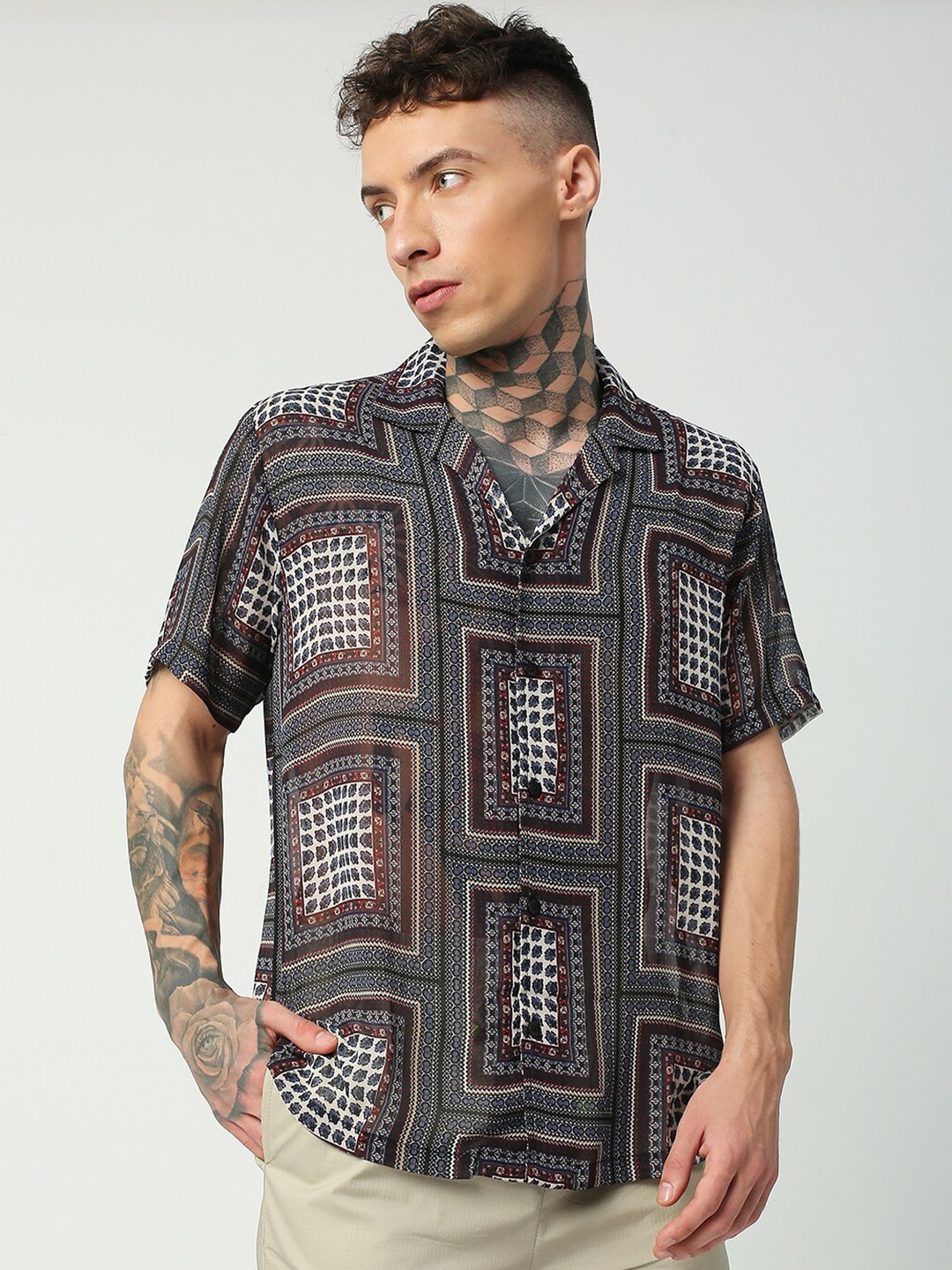 

Blamblack Cuban Collar Ethnic Motifs Printed Casual Shirt, White