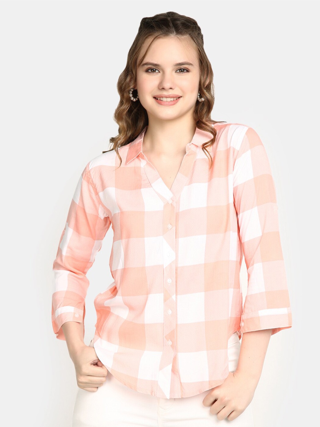 

V-Mart Gingham Checks Spread Collar Casual Shirt, Orange