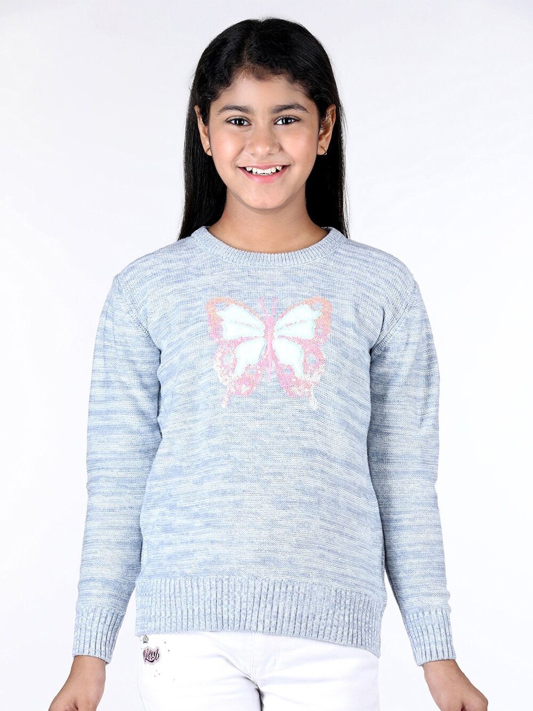 

Wingsfield Girls Acrylic Pullover Sweaters With Embellished Detail, Blue