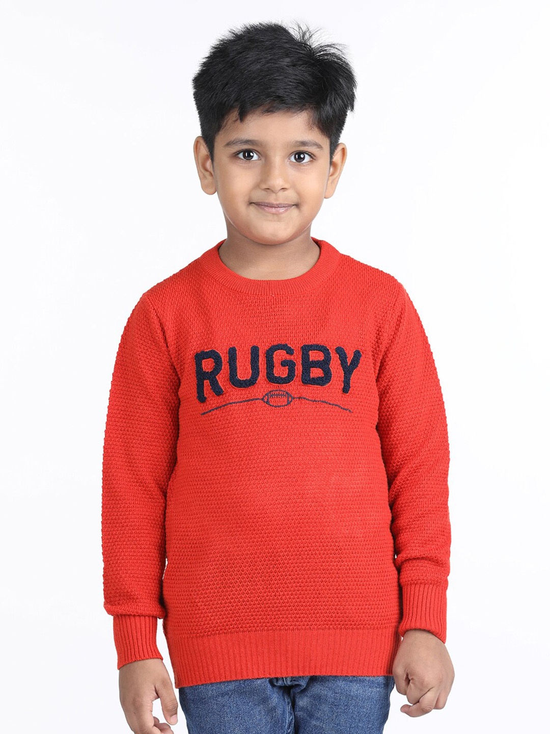 

Wingsfield Boys Typography Embroidered Acrylic Pullover Sweater, Orange
