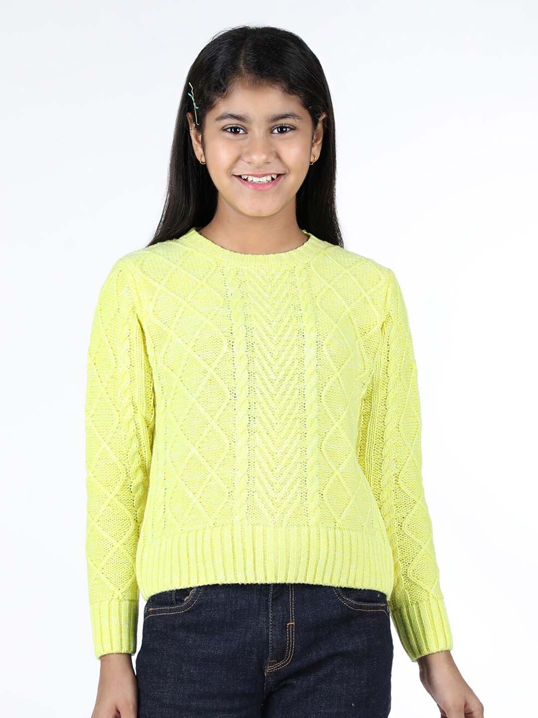 

Wingsfield Girls Cable Knit Acrylic Pullover Sweater, Fluorescent green