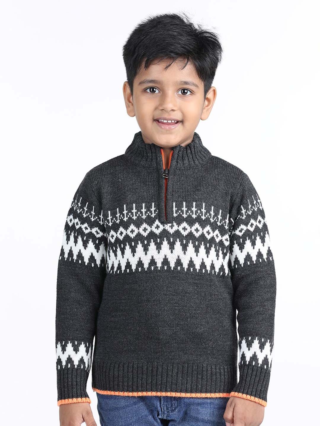 

Wingsfield Boys Geometric Printed Mock Collar Acrylic Pullover, Charcoal