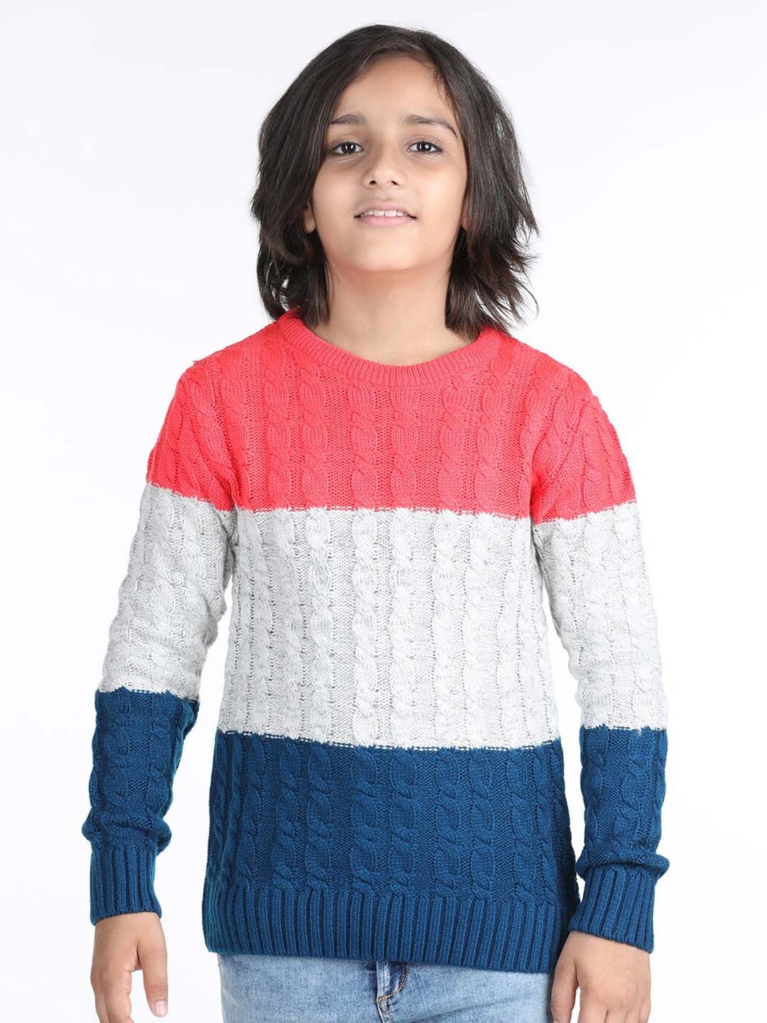 

Wingsfield Boys Colourblocked Cable Knit Ribbed Acrylic Pullover, Red