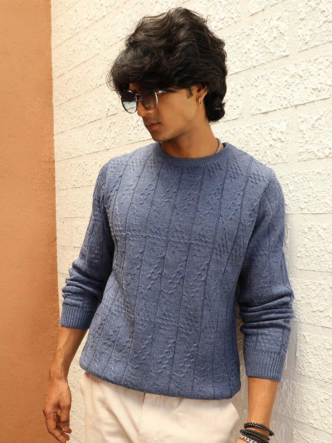 

Campus Sutra Self Design Cable Knit Woollen Pullover, Blue