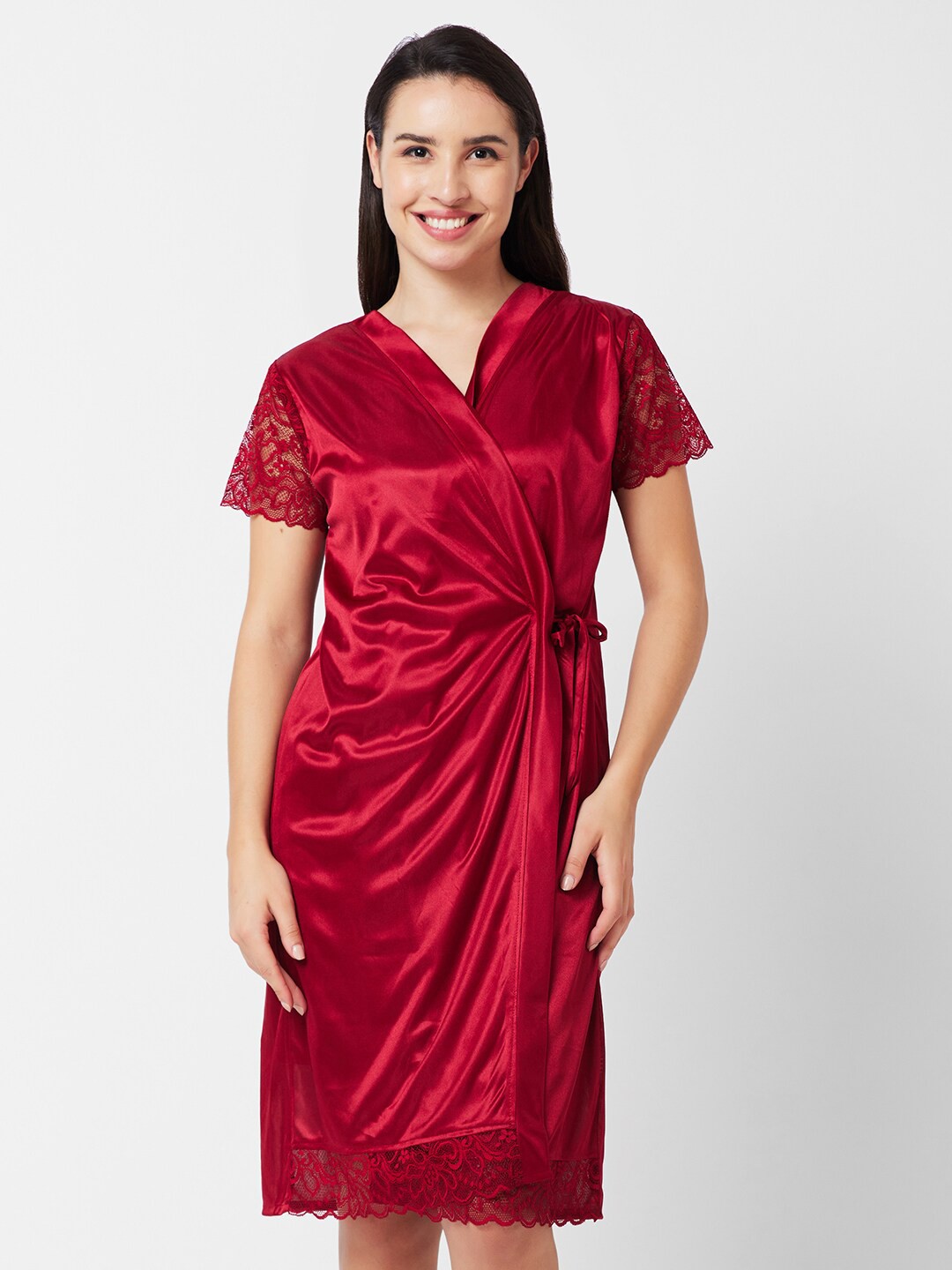 

NOIRA Shoulder Straps Satin Nightdress with Robe, Maroon