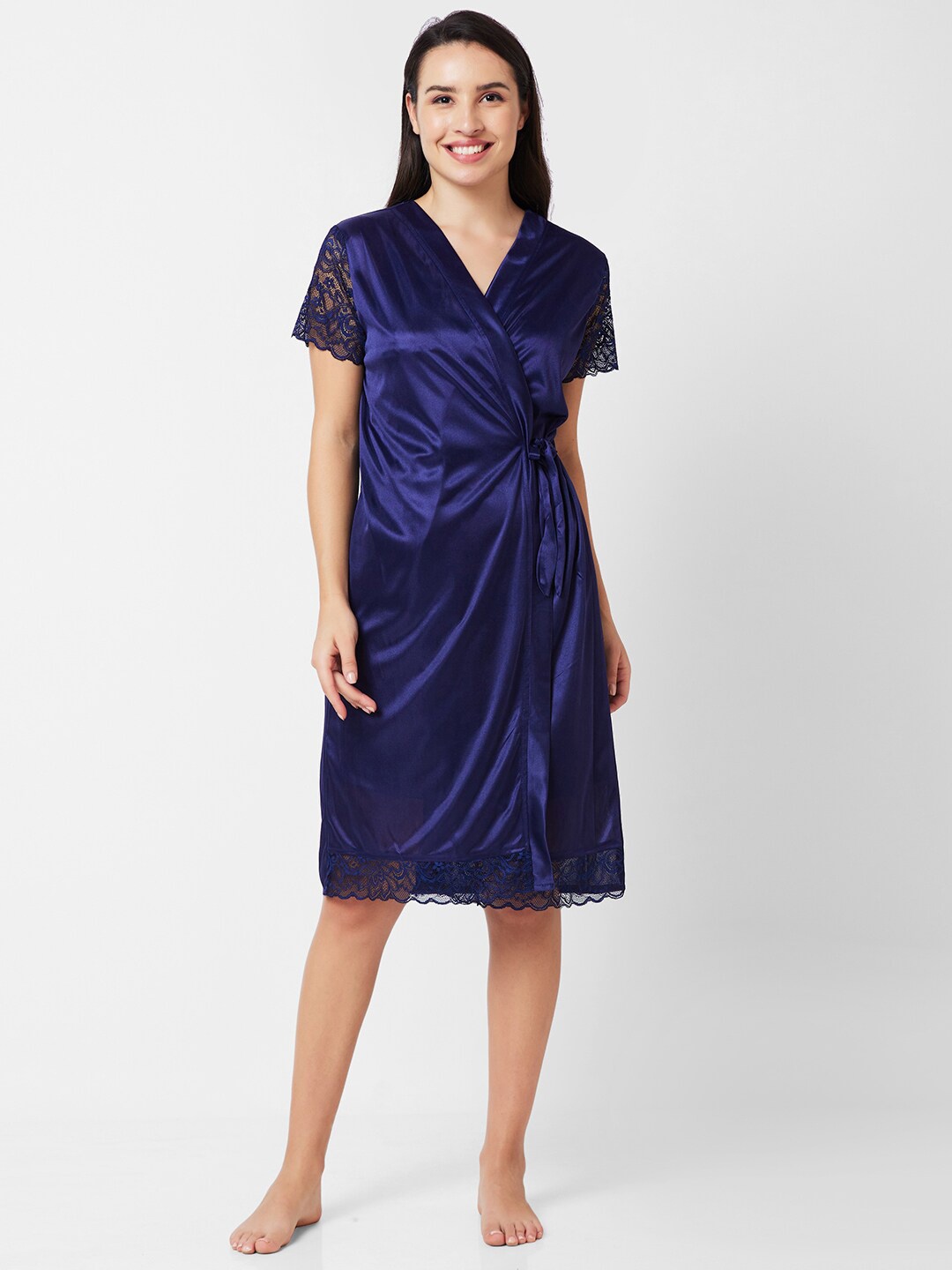 

NOIRA Shoulder Strap Satin Nightdress With Robe, Navy blue