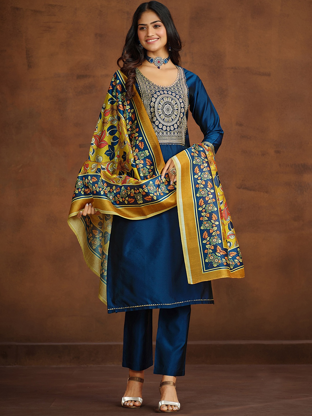 

Sangria Blue Floral Printed Gotta Patti Straight Kurta With Trouser & Dupatta