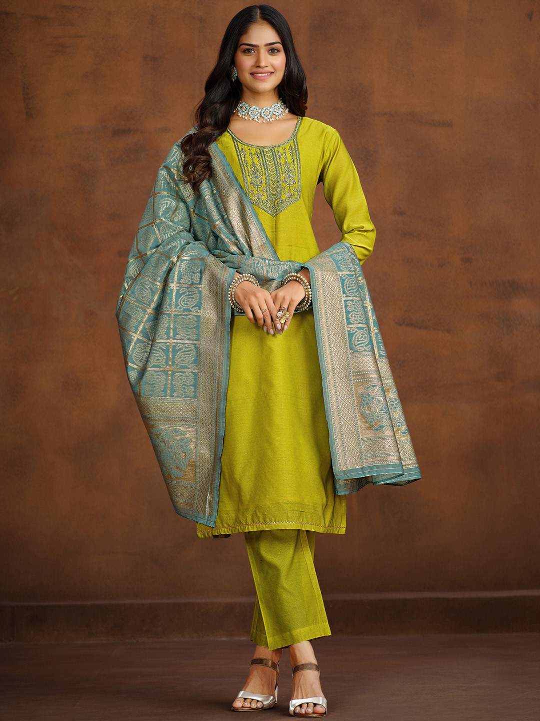 

Sangria Lime Green Floral Embroidered Straight Kurta With Trouser & Dupatta